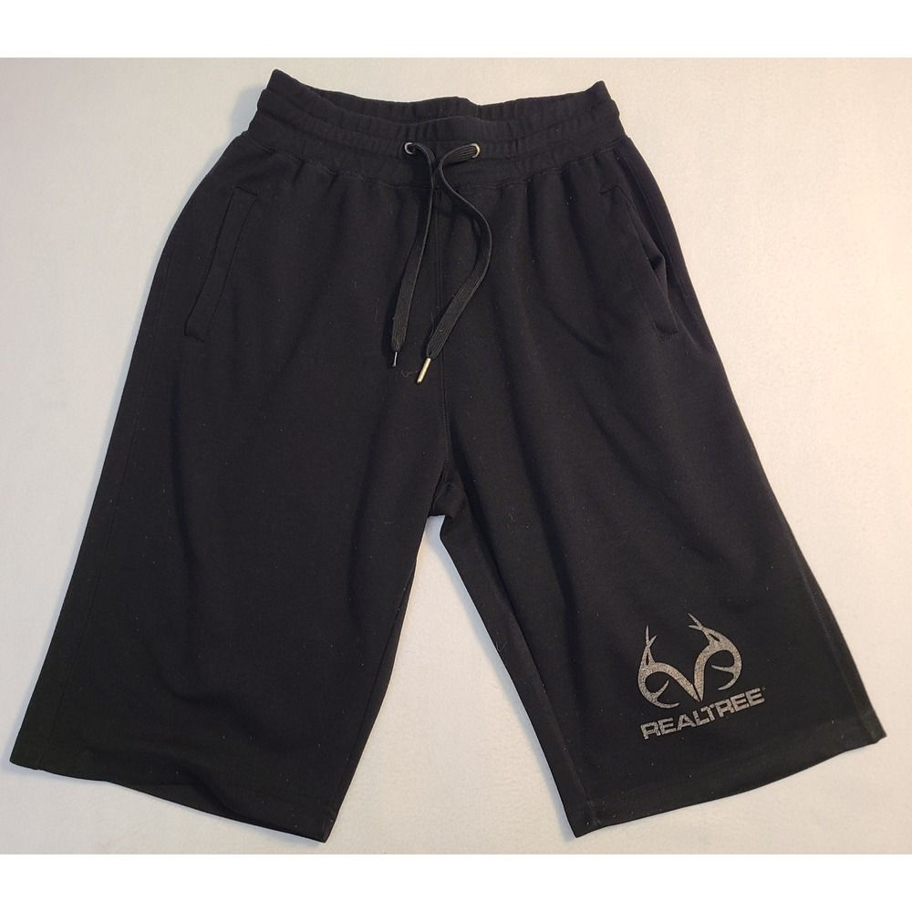 Realtree Shorts Mens Large Black Athletic Drawstring Logo Polyester Pockets
